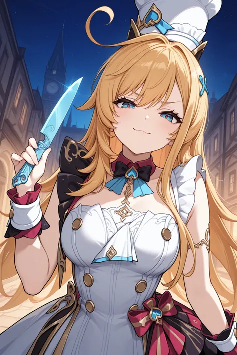 masterpiece, best quality, 1girl, solo,  <lora:escoffier-illu-nvwls-v1-000007:1> gsesc, blonde hair, long hair, ahoge, blue eyes, breasts, white hat, hair ornament, black bowtie, blue ascot, white dress, double-breasted, frilled dress, sleeveless dress, gold buttons, wrist cuffs, black overskirt, smug, looking at viewer, upper body, european architecture, holding blue knife, night sky, street