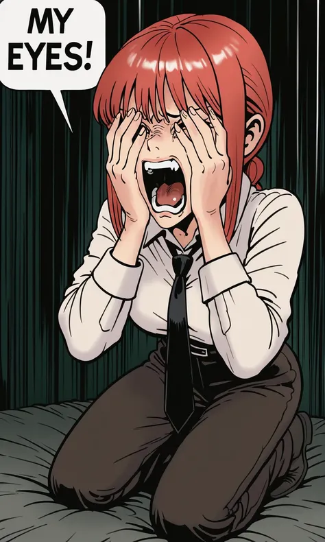 embedding:IllusP0s, f3rn4nd0, MY EYES!, speech bubble, covering own eyes, 1girl, screaming, kneeling, makima, white shirt, black tie, 1girl, solo,<lora:MY EYES_illustrious.safetensors:1.0:1.0> <lora:Style_soph-Fernando-ILXL.safetensors:1:1>
