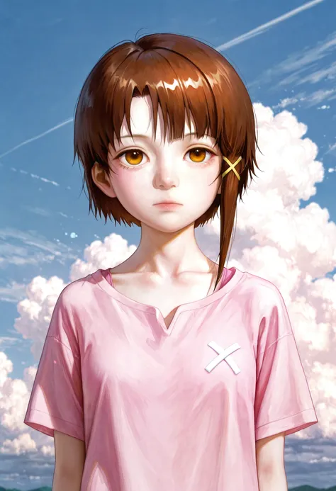 <lora:5p257uY55m95pyI5YWJ-illustriousXL_v01_V4-CAME-000035>, 5p2/57, realistic, iwakura lain, 1girl, solo, brown hair, asymmetrical hair, hair ornament, brown eyes, looking at viewer, x hair ornament, single sidelock, expressionless, shirt, upper body, short hair, short sleeves, closed mouth, cloud, sky, hairclip, cloudy sky, collarbone, outdoors, pink shirt, arms at sides
