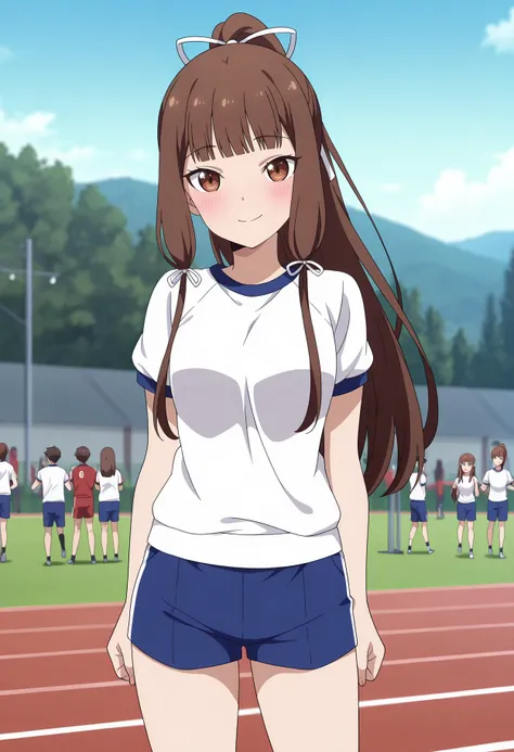 anime screencap, masterpiece, best quality,
<lora:Kaguya-samaWaKokurasetai_IinoMiko_IlluXL:0.9>,
1girl, people, smile, blush,
high ponytail, blunt bangs, long hair, brown hair, brown eyes, hair ribbon, white ribbon,
gym shirt, white shirt, short sleeves, gym shorts, blue shorts,
standing, looking at viewer, cowboy shot,
track and field, photo background, blurry background