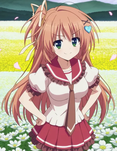 masterpiece, best quality, amazing quality,, <lora:ui-nakatsugawa-s1-illustriousxl-lora-nochekaiser:1>, ui nakatsugawa, long hair, hair ornament, ribbon, green eyes, hair ribbon, ahoge, orange hair, heart hair ornament, mature female, medium breasts, anime screencap,  necktie, serafuku, white shirt, short sleeves, puffy sleeves, frilled sleeves, frilled sailor collar, red sailor collar, brown necktie, skirt, pleated skirt, red skirt, frilled skirt,, smug, hands on own hip,, flower field, colorful, petals, scent, bloom, cowboy shot, solo, looking at viewer,