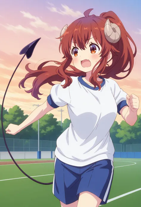 best quality, masterpiece, 1girl, aayuuko, long hair, brown hair, ponytail, ahoge, horns, brown eyes, demon tail, gym shirt, white shirt, short sleeves, blue shorts, <lora:yoshida_yuuko_ilxl_v1:0.9>, running, cowboy shot, track, outdoors, wind,
