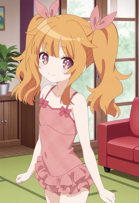 anime screencap, anime coloring,anime, best quality, 4k,
1girl, solo, gjbu mao, twintails, pink hair bow, swimsuit, frilled swimsuit, pink one-piece swimsuit, <lora:illustriousXL GBBU Mao V2:1>
indoors, living room,
looking at viewer, smile,
