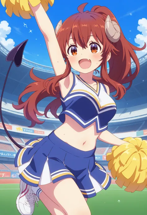 best quality, masterpiece, 1girl, aayuuko, long hair, brown hair, ahoge, horns, brown eyes, fang, demon tail, <lora:yoshida_yuuko_ilxl_v1:0.9>, ponytail, cheerleader, midriff, pom pom \(cheerleading\), stadium, standing on one leg, sneakers, cowboy shot, laughing, open mouth, arm up,