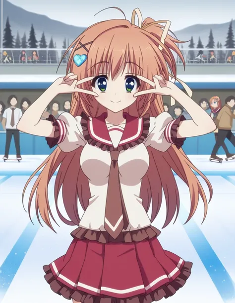 masterpiece, best quality, amazing quality,, <lora:ui-nakatsugawa-s1-illustriousxl-lora-nochekaiser:1>, ui nakatsugawa, long hair, hair ornament, ribbon, green eyes, hair ribbon, ahoge, orange hair, heart hair ornament, mature female, medium breasts, anime screencap,  necktie, serafuku, white shirt, short sleeves, puffy sleeves, frilled sleeves, frilled sailor collar, red sailor collar, brown necktie, skirt, pleated skirt, red skirt, frilled skirt,, v, v over eyes,, skating rink, ice, people, winter, fun, cowboy shot, solo, looking at viewer,