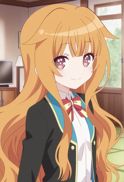 anime screencap, anime coloring,anime, best quality, 4k,
1girl, solo, gjbu mao, long hair, school uniform, blazer,  <lora:illustriousXL GBBU Mao V2:1>
indoors, living room, upper body,
looking at viewer, smile,