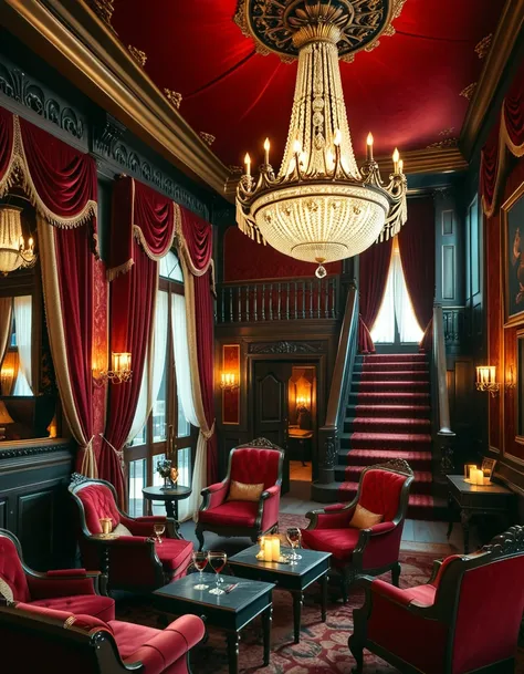 The interior of a luxurious vintage brothel, styled in late 19th-century decor with deep red velvet drapes, gold-trimmed wallpaper, and ornate wooden furniture. A large crystal chandelier hangs from the ceiling, casting warm, dim light over the plush surroundings. The air is filled with the scent of incense and old perfume. Velvet chaise lounges and antique armchairs are arranged around a central sitting area, with small side tables holding glasses of wine and flickering candles. A grand staircase with carved banisters leads to private rooms upstairs, their doors slightly ajar and framed with silk curtains. The mood is opulent, decadent, and intimate â a mix of elegance and secrecy in a space designed for seduction and luxury.The interior of a luxurious vintage brothel, styled in late 19th-century decor with deep red velvet drapes, gold-trimmed wallpaper, and ornate wooden furniture. A large crystal chandelier hangs from the ceiling, casting warm, dim light over the plush surroundings. The air is filled with the scent of incense and old perfume. Velvet chaise lounges and antique armchairs are arranged around a central sitting area, with small side tables holding glasses of wine and flickering candles. A grand staircase with carved banisters leads to private rooms upstairs, their doors slightly ajar and framed with silk curtains. The mood is opulent, decadent, and intimate â a mix of elegance and secrecy in a space designed for seduction and luxury.
<lora:vintage_br0th3l:1>vintage br0th3l, Masterpiece,best quality,hi res,8k,hi res,8k,award winning,(sharp focus, intricate, highly detailed),