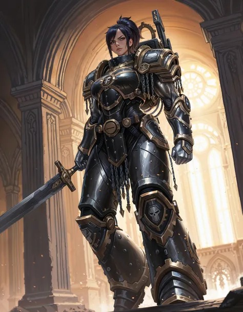 masterpiece, best quality,high quality, newest, highres,8K,HDR,absurdres, dynamic angle, realistic, 1girl, iLLFerrusM40k, solo, metallic arms, power armor, determined eyes, holding a sword, in a palace  <lora:iLLFerrusM40k:1>