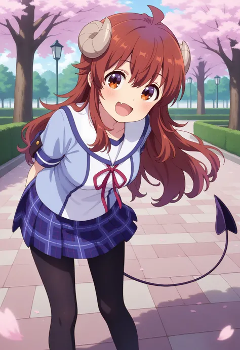 best quality, masterpiece, 1girl, aayuuko, long hair, brown hair, ahoge, horns, brown eyes, fang, demon tail, school uniform, white sailor collar, neck ribbon, blue shirt, short sleeves, plaid skirt, blue skirt, black pantyhose, <lora:yoshida_yuuko_ilxl_v1:0.9>, arms behind back, leaning forward, standing, outdoors, open mouth, cherry blossoms, smile, park,