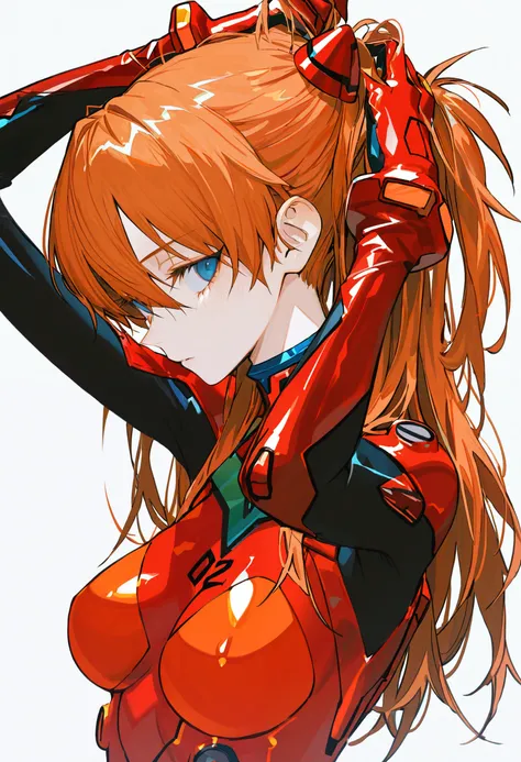 <lora:d2Fua2U=-illustriousXL_v01_V1-CAME-000045>, d2Fua2, souryuu asuka langley, 1girl, solo, plugsuit, blue eyes, long hair, red bodysuit, white background, bodysuit, breasts, simple background, orange hair, hands in hair, upper body, pilot suit, hair lift, hair between eyes, closed mouth, looking to the side, medium breasts, arms up, hand in own hair, science fiction, sideways glance, interface headset, adjusting hair