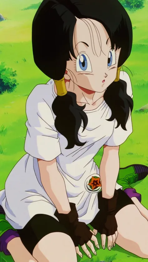 source_anime, masterpiece, best quality, amazing quality, anime screencap, high quality, 8k, absurdres, official style, 1girl, solo, looking at viewer, wariza, curious, curious face,<lora:Videl_Z_iL:1>, v1d31 z, blue eyes, black hair, medium hair, twintails, low twintails school outfit, white shirt, t-shirt, black shorts, bike shorts, gloves, fingerless gloves, green ankle boots, school patch,