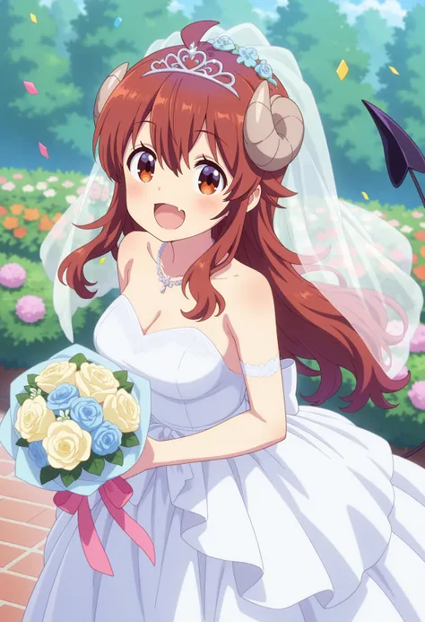 best quality, masterpiece, 1girl, aayuuko, long hair, brown hair, ahoge, horns, brown eyes, fang, demon tail, <lora:yoshida_yuuko_ilxl_v1:0.9>, garden, tiara, bridal veil, wedding dress, necklace, smile, open mouth, bouquet, confetti, cowboy shot, standing,