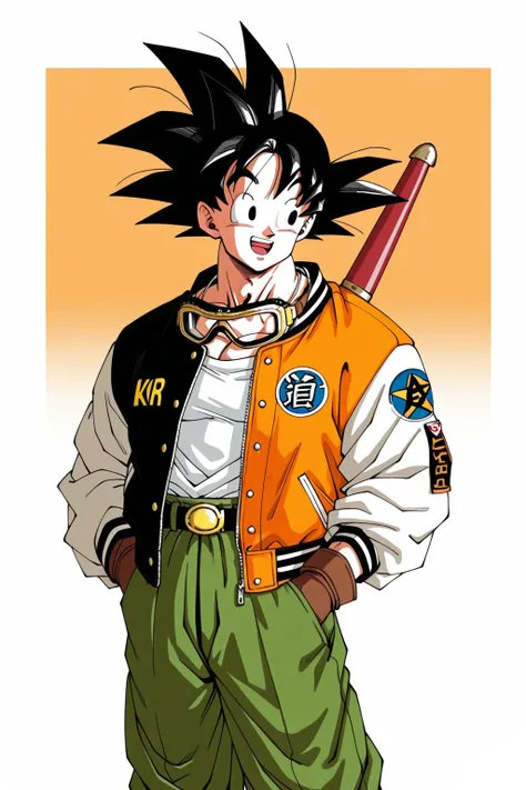 son goku, 1boy, arched bangs, baseball cap, belt, belt buckle, black belt, black eyes, black hair, black jacket, brown background, brown gloves, buckle, casual, clothes writing, facing viewer, feet out of frame, gloves, goggles, goggles around neck, gold buckle, gradient background, green pants, hands in pockets, happy, hat, jacket, letterman jacket, looking afar, male focus, multicolored jacket, muscular, muscular male, open clothes, open jacket, open mouth, orange background, orange jacket, pants, parted bangs, patch, pectorals, ruyi jingu bang, sheath, sheathed, shirt, shoulder patch, simple background, smile, solo, spiked hair, square, standing, tareme, three-quarter sleeves, turning head, two-tone background, two-tone jacket, unworn hat, unworn headwear, weapon, white background, white shirt, zipper pull tab, <lora:KAKERUs_Style:1>, KAKDS, masterpiece, best quality