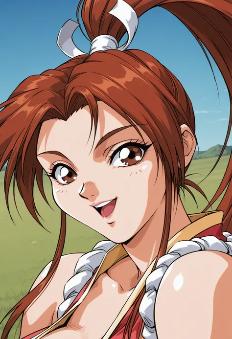 shiranui_mai, fatal_fury, retro artstyle, brown eyes, brown hair, high ponytail, long ponytail, japanese clothes, revealing clothes, <lora:shiranui_mai_illustrious_ver2:0.8> 
smile,, masterpiece, best quality, sensitive,, 1girl, solo, blue sky, (grasslands:1.2), looking at viewer,, (upper body:1.2), (close-up:1.2), (facing viewer:1.2), (open eyes:1.4), (portrait:1.2)