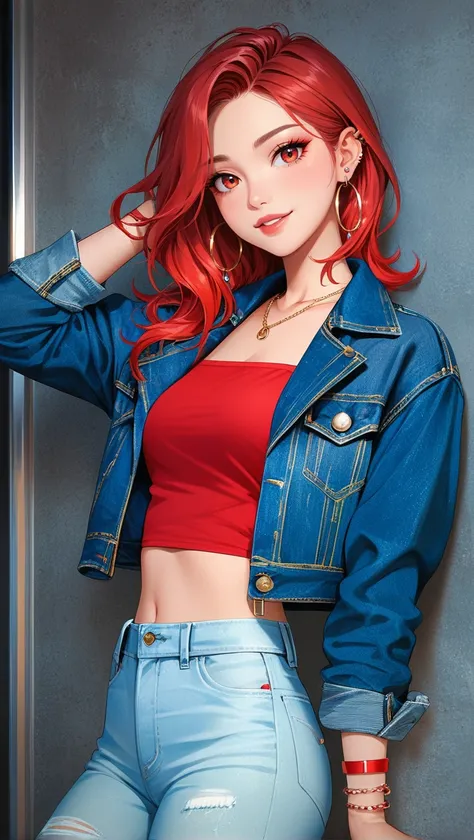 score 9, score 8 up, score 7 up,1girl, jewelry, earrings, denim, solo, looking at viewer, jacket, midriff, red nails, denim jacket