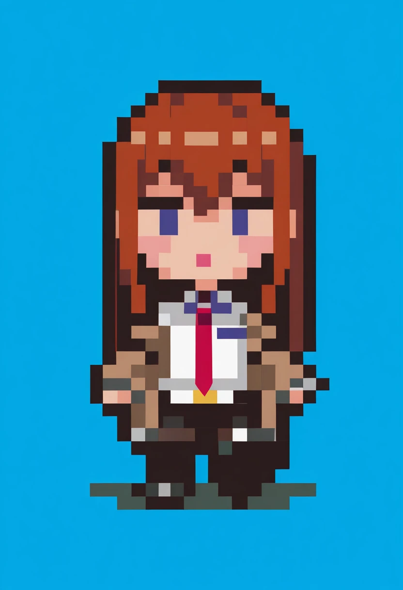 masterpiece, best quality, 1girl, solo, full body, pixel art, chibi, walking, looking at viewer, solid oval eyes, :o, blue background, <lora:steinsgate_makise_illustriousXL:1> mak1se, long hair, brown hair, hair between eyes, straight hair, blue eyes, brown jacket, open jacket, off shoulder, long sleeves, white shirt, collared shirt, red necktie, black shorts, short shorts, white belt, black pantyhose, pantyhose under shorts <lora:EarthboundSprites-illu:1>