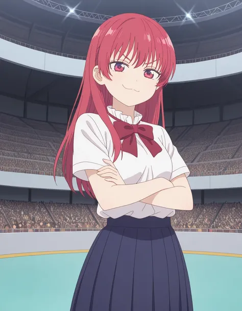 masterpiece, best quality, amazing quality,, <lora:saki-saki-s2-illustriousxl-lora-nochekaiser:1>, saki saki, long hair, bangs, red eyes, red hair, mature female, small breasts, anime screencap, skirt, shirt, bow, white shirt, short sleeves, pleated skirt, bowtie, blue skirt,, crossed arms, smug, arena, seats, stage, event, audience, cowboy shot, solo, looking at viewer,