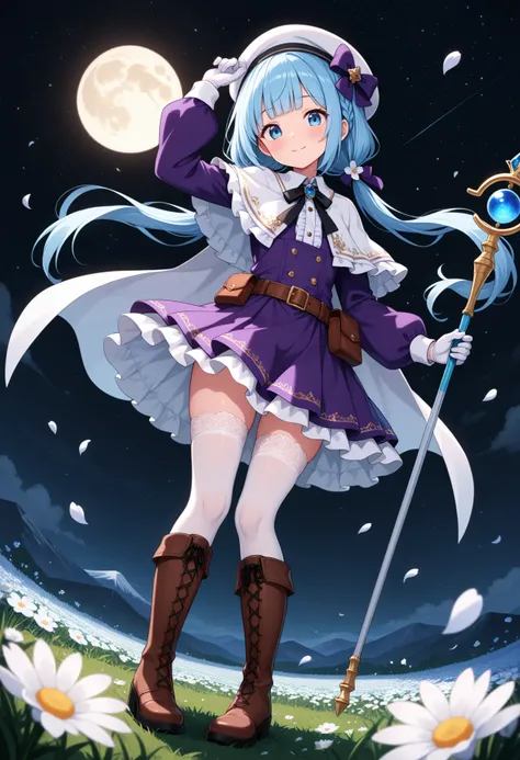 masterpiece, best quality, absurdres, very aesthetic, general,
1girl, blue eyes, white legwear, solo, blue hair, white gloves, outdoors, long hair, white headwear, brown footwear, purple dress, standing, beret, looking at viewer, smile, frills, staff, blush, dutch angle, belt, cross-laced footwear, field, hand up, full body, flower field, hat bow, frilled dress, lace-up boots, center frills, full moon, from below, black bow, brooch, petticoat, starry sky, white flower, white capelet, blue bow, wind, closed mouth, purple skirt, hair flower, wand, belt pouch, grass, low twintails, eyebrows visible through hair, thighhighs under boots, french braid, knee boots, moonlight, low ponytail, purple bow, lace trim, brown belt, night sky, night, depth of field, frilled skirt, hat flower, wind lift, arm up, buckle, glowing, holding staff, lace, buttons, evening, puffy long sleeves, belt buckle, hair bow, white cape, arm at side, horizon, parted lips, scenery, lace-trimmed legwear, black neckwear, single braid, frilled capelet, collared dress, pigeon-toed, head tilt, white thighhighs, purple bowtie, holding wand, fisheye, mountainous horizon, layered dress, falling petals, short dress, mountain, looking down, blunt bangs, crown braid, fold-over boots, neck ribbon, pleated dress, hat ornament, flat chest, dot nose, black bowtie, lace-trimmed dress, (dark background:1.4),