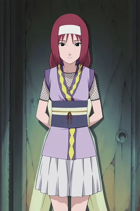 anime screencap, anime coloring, detailed face, masterpiece, best quality, very aesthetic, absurdres, volumetric lighting, official style, amazing quality, ultra detailed,  highres, amazing quality, scenery, beautiful detailed hair, beautiful detailed eyes, 
<lora:StS-Illustrious-Detail-Slider-v1.0:4>
 <lora:Honoka_Naruto_Shippuden:1>,
Honoka (Naruto character), 1girl, solo, red hair, hairband, fishnets, arms behind back, japanese clothes, skirt, sash, black eyes, looking at viewer, ninja, obi, legs