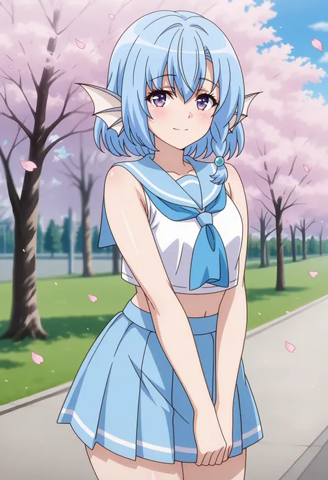 anime screencap, masterpiece, best quality,
<lora:EnjoKouhai_LeucosiaElliot_IlluXL:0.9>,
1girl, solo, closed mouth, light smile, blush,
side braid, medium hair, blue hair, purple eyes, hair bobbles,head fins,
light blue sailor collar, crop top, sleeveless shirt, white shirt, blue neckerchief, miniskirt, pleated skirt, light blue skirt, 
v arms, looking at viewer, cowboy shot,
cherry blossoms, falling petals, grass, tree, outdoors, photo background, blurry background