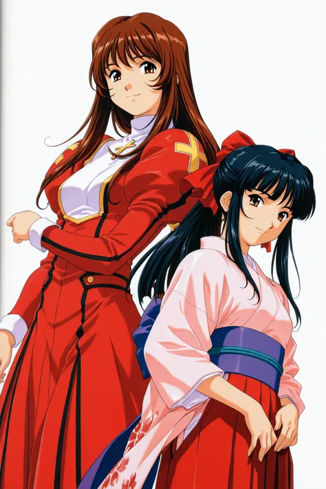 Game CG Style,Erica Fontaine,Shinguji Sakura,multiple girls,2girls,brown hair,brown eyes,long hair,japanese clothes,black hair,bow,simple background,kimono,long sleeves,white background,hair bow,sash,dress,smile,looking at viewer,juliet sleeves,skirt,red hakama,cross,
<lora:Sakura Wars_illustriousXL_v2:1>,
