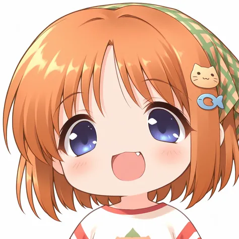masterpiece,best quality,newest,absurdres,highres,1girl,no nose,solo,mutsuki face \(blue archive\),portrait,chibi,<lora:mutsukifacebaillusxl:0.8>,
:d,happy,fang,
BREAK <lora:Yamato_Suzuran_illuV01_b3g2plw1c2wd075_d32a16_lr1200y900_rs3_rvs:1>,YmtSzr_Suigetsu,
orange brown hair,short hair,parted bangs,head scarf,checkered scarf,blue eyes,white shirt,striped sleeves,cat hair ornament,fish hair ornament,
