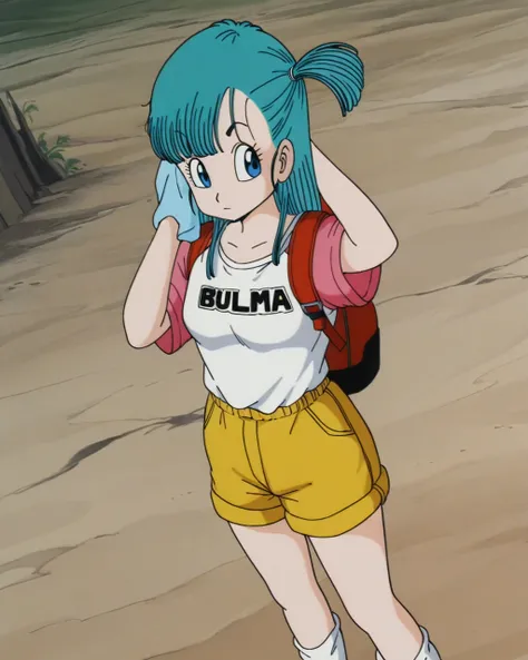 masterpiece, best quality, newest, absurdres, highres, detailed eyes, beautiful, detailed background, perfect eyes, anime coloring, anime screenshot, 1980s \(style\), 1girl, solo, bulma, blue hair, long hair, side ponytail, blue eyes, small breasts, white t-shirt, text on clothes, raglan sleeves, short sleeves, yellow shorts, white socks, sneakers, backpack, looking at viewer, hand on own head, wiping sweat,  dutch angle, cowboy shot, (outdoors, wasteland)