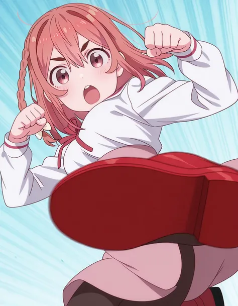 masterpiece, best quality, amazing quality,, <lora:sumi-sakurasawa-s1-illustriousxl-lora-nochekaiser:1>, sumi sakurasawa, sakurasawa sumi, bangs, pink eyes, hair between eyes, pink hair, braid, hair bow, thick eyebrows, mature female, small breasts, anime screencap, <lora:kamen-rider-kick-illustriousxl-lora-nochekaiser:1>, kamen rider kick, looking at viewer, open mouth, kicking, flying kick, motion lines, motion, hands up, clenched fist,, ,