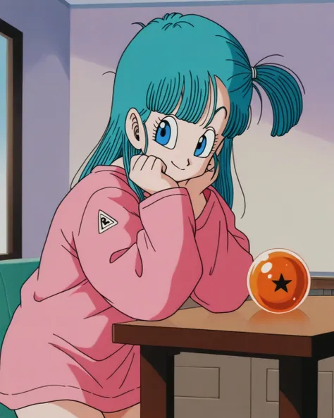 masterpiece, best quality, newest, absurdres, highres, detailed eyes, beautiful, detailed background, perfect eyes, anime coloring, anime screenshot, 1980s \(style\), 1girl, solo, bulma, blue hair, long hair, side ponytail, blue eyes, small breasts, pink shirt, oversized shirt, oversized clothes, long sleeves, arms on table, head rest, dragon ball (object), looking at viewer, smile, dutch, angle, cowboy shot, (indoors, living room)