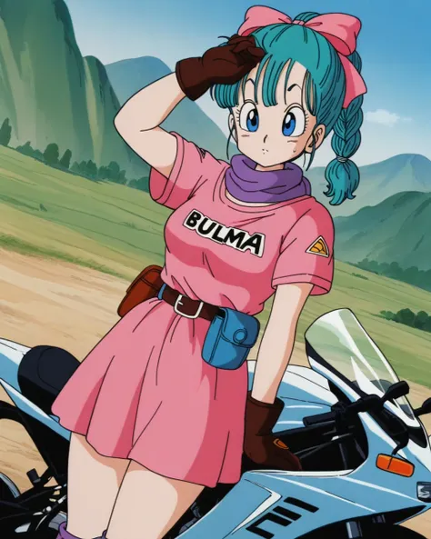 masterpiece, best quality, newest, absurdres, highres, detailed eyes, beautiful, detailed background, perfect eyes, anime coloring, anime screenshot, 1980s \(style\), 1girl, solo, bulma, blue hair, long hair, braided ponytail, hair bow, blue eyes, medium breasts, pink dress, text in clothes, short sleeves, gloves, blue scarf, purple socks, blue sneakers, hand on forehead, sweatdrop, dutch angle, cowboy shot, (outdoors, rural, mountain, motorcycle)