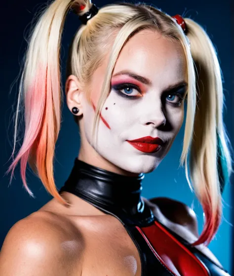 Portrait photo of Margot Elise Robbie, dressed as Harley Quinn, detailed skin, DSLR, shot on Nikon Z9,