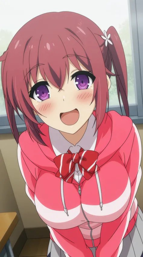 masterpiece, anime coloring, newest,   Satogami Yuri, solo, looking at viewer, blush, smile, open mouth, skirt, bow, school uniform, flower, :d, pleated skirt, hood, hoodie, indoors, v sign, happy,  <lora:JN_Satogami_Yuri_Illus:0.8>