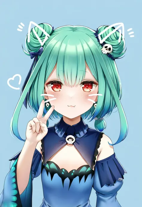 1girl,uruha rushia,uruha rushia \(1st costume\),hololive,bare shoulders,blue bow,blue dress,blue hair,blush,bow,closed mouth,double bun,drawn whiskers,dress,earrings,gradient hair,green hair,hair bow,hair bun,hair ornament,hand up,heart,jewelry,long sleeves,looking at viewer,multicolored hair,red eyes,short hair,skull earrings,skull hair ornament,sleeveless,sleeveless dress,solo,upper body,v,virtual youtuber,blue bowtie,blue background,bowtie,detached sleeves,drawn ears,puckered lips,fang,short twintails,hair between eyes,sidelocks,detached collar,heart earrings,juliet sleeves,flat chest,smile,puffy sleeves,blue sleeve cuff <lora:casinoepXL_il_lokr_V6311P:0.95>