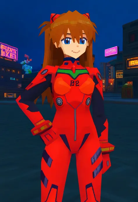 masterpiece, best quality, very aesthetic, absurdres,
lowpoly, ps1, psx, low poly, 3d,
1girl, asuka langley, red plugsuit, standing, smug, looking at viewer, futuristic background, neon light , buildings, night,   <lora:LowPolyRenderV3:1>