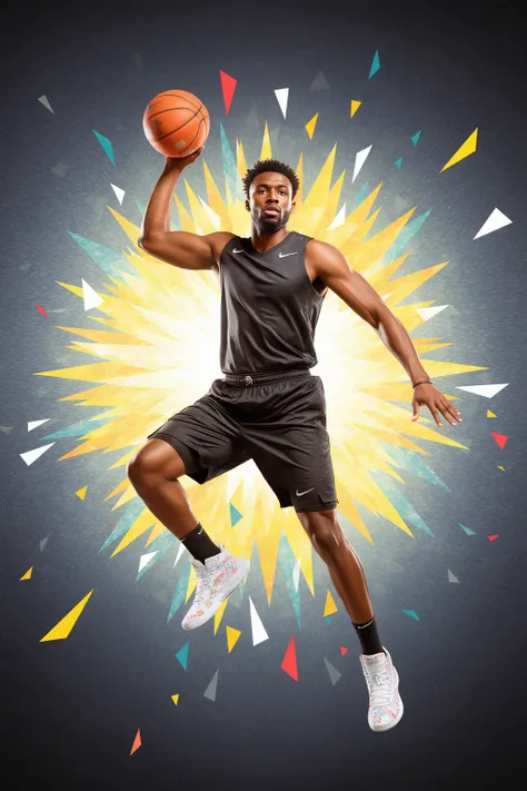 This image is a digital artwork featuring a dynamic, mid-air photograph of a basketball player in action. The player, dressed in a black jersey with a white logo on the chest, black shorts, and white sneakers with colorful patterns, is captured in a powerful pose with his right arm raised holding an orange basketball. The background is a solid, bright yellow, which contrasts vividly with the player's dark attire.

Surrounding the player, the background is filled with an explosion of multicolored, geometric shapes and lines, creating a sense of movement and energy. These shapes, primarily in shades of blue, white, and orange, radiate outward from the player, adding depth and dynamism to the image. The shapes vary in size and texture, some appearing smooth and others rough, contributing to the overall vibrant and energetic atmosphere.

The player's facial expression is focused and determined, reflecting the intensity of the action. The lighting in the image is bright and highlights the player's muscles and the details of his clothing. The artwork uses a modern, digital style with a focus on realism and dynamic composition, making it visually striking and captivating.