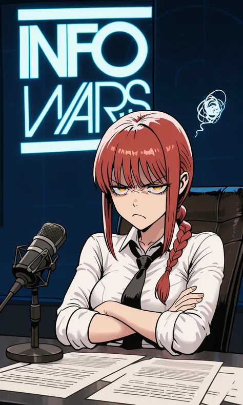 embedding:IllusP0s, info wars, microphone, desk, 1girl, makima, annoyed, arms crossed, white shirt, black tie, f3rn4nd0,<lora:Style_soph-Fernando-ILXL.safetensors:0.8:0.8> <lora:info_wars.safetensors:1.0:1.0>