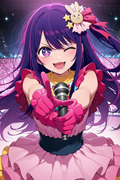 masterpiece,best quality,amazing quality, hoshino ai, girl, dress, gloves, hair ornament, idol, idol clothes, long hair, looking at viewer, microphone, one eye closed, open mouth, pink dress, pink gloves, pointing, purple eyes, purple hair, solo, star-shaped pupils, star, star in eye, symbol-shaped pupils, symbol in eye