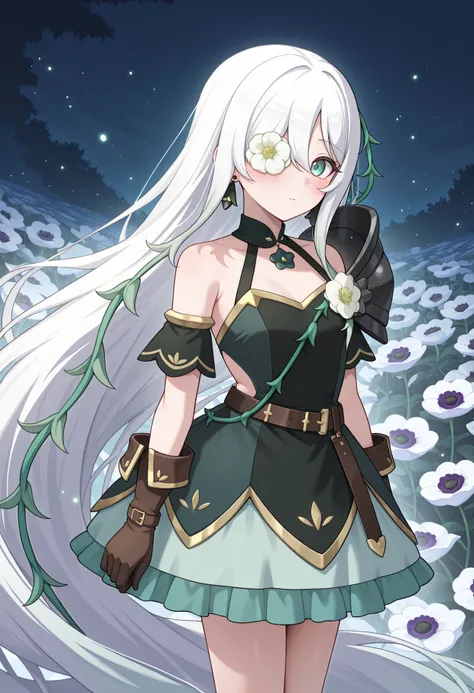 highres, best quality, masterpiece, night, outdoors, floral background, light particles,  
1girl, solo, pcranmn, absurdly long hair, multicolored hair, white hair, hair over one eye, flower over eye, aqua eyes, hair vines,
panmndef, black earrings, two-tone dress, black dress, green dress, gold trim, sleeveless dress, bare shoulders, shoulder strap, plant strap, plant, detached sleeves, shoulder armor, single pauldron, flower, brown gloves, belt, green skirt, frilled skirt, side cutout,
blush, sideways glance, looking at viewer, 
arms at sides, legs together,
anemone \(flower\), lily \(flower\), 
<lora:_anemone_pcr-elesico-ilxlB:1>