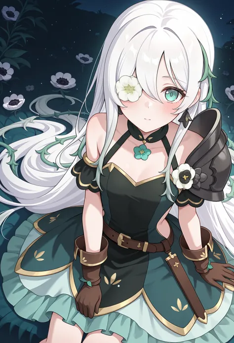 highres, best quality, masterpiece, night, outdoors, floral background, light particles,  
1girl, solo, pcranmn, absurdly long hair, multicolored hair, white hair, hair over one eye, flower over eye, aqua eyes, hair vines,
panmndef, black earrings, two-tone dress, black dress, green dress, gold trim, sleeveless dress, bare shoulders, shoulder strap, plant strap, plant, detached sleeves, shoulder armor, single pauldron, flower, brown gloves, belt, green skirt, frilled skirt, side cutout,
blush, looking at viewer, 
sitting, from above,
anemone \(flower\), vines,
<lora:_anemone_pcr-elesico-ilxlB:1>