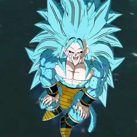 krikarot, saiyan wrist cuffs, body fur, green background, from above, blue hair, monkey tail, shouting, dynamic pose, full body, motion lines, super saiyan 4, veiny face, arm at side, greyscale, solo, open mouth, cel shading, three-quarter portrait, muscular, hands on own knees, open hand, looking at viewer, long hair, pectorals