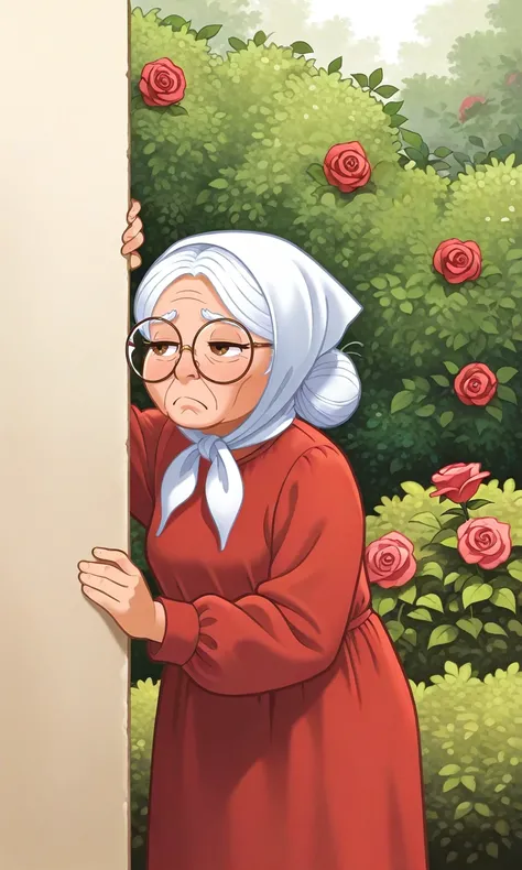 solo,peeking out,rose bush, half-closed eyes,frown,  1girl,old woman,white headscarf,white hair,single hair bun,round eyewear,glasses,brown eyes,red dress,long sleeves,richard corben