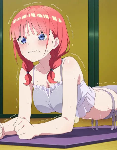 masterpiece, best quality, amazing quality,, <lora:nino-nakano-honeymoon-illustriousxl-lora-nochekaiser:1>, nino nakano, bangs, blue eyes, twintails, pink hair, braid, blunt bangs, twin braids, mature female, breasts, anime screencap, <lora:bdoll-illustriousxl-lora-nochekaiser:1>, bdoll, lingerie, front slit, underwear, panties, spaghetti strap, side-tie panties, garter belt, navel, see-through clothes, <lora:planking-illustriousxl-lora-nochekaiser:1>, planking, exercising, yoga mat, yoga, yoga pants, trembling, struggling, sweat, sports bra,, wavy_mouth, , , ,