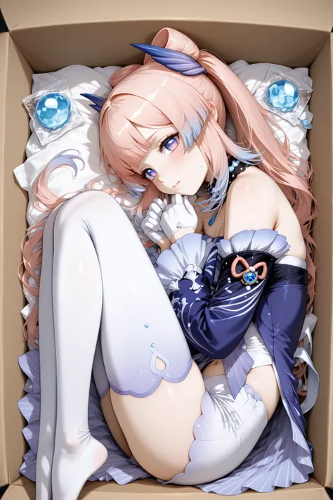 masterpiece, best quality, amazing quality, 1girl, solo, makeup, general, looking at viewer, blush, <lora:20_tightly_packed:1>, cardboard box, tightly packed, cushioning material paper, fetal position, sushi mark, painful, ice pack, <lora:Sangonomiya_Kokomi_Kokomi:1>, Sangonomiya_Kokomi_Kokomi, very long hair, hair ornament, pink hair, multicolored hair, gradient hair, blunt bangs, bow-shaped hair, purple eyes, vision(genshin impact), sidelocks, blue horns, dress, long sleeves, frilled sleeves, wide sleeves, frills, bare shoulders, detached sleeves, bowtie, colored tips, half gloves, short shorts, detached collar, white thighhighs, lace-trimmed choker, navel, <lora:wai-2Rectified-V140:1>, <lora:illustrious_noobai_epsilon_pred_1_masterpieces_v1:1>