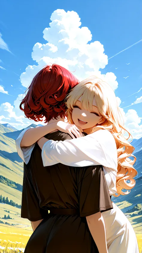 masterpiece, newest,absurdres,incredibly absurdres, best quality, amazing quality, very aesthetic, 
2 girls, hugging, happy, red hair, curly hair long hair, blonde, short hair, hills, clouds,
 <lora:Face_Enhancer_Illustrious:0.7>  <lora:NOOB_vp1_detailer_by_volnovik_v1:0.5>