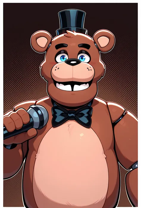 <lora:freddyit-09:1> freddyit, 1boy, black mini top hat, black bowtie, bear, bear ears, joints, teeth, blue eyes, animatronic, vibrant, brown background, holding microphone, expressive, smile, clenched teeth, ((fused teeth, anime teeth, combines teeth)), masterpiece, best quality, amazing quality, very aesthetic, absurdres, newest,, upper body, halftone effect, white borders, abstract background:1.2,