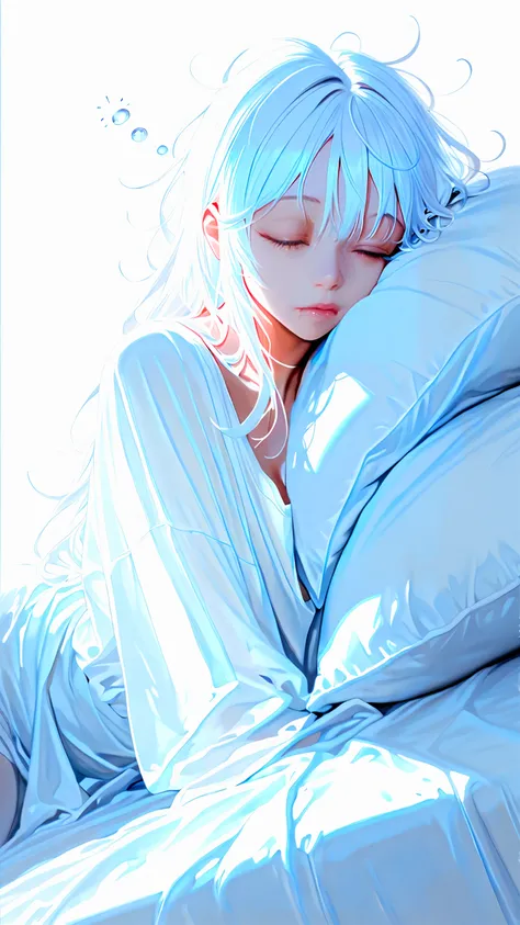 masterpiece, newest,absurdres,incredibly absurdres, best quality, amazing quality, very aesthetic, 
1girl, sleepy, bed, blue hue,
 <lora:Face_Enhancer_Illustrious:1> <lora:Neg4tive_sp4ce:1> white theme,