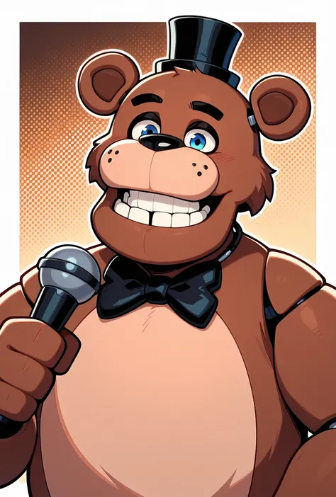 <lora:freddyit-09:1> freddyit, 1boy, black mini top hat, black bowtie, bear, bear ears, joints, teeth, blue eyes, animatronic, vibrant, brown background, holding microphone, expressive, smile, clenched teeth, fused teeth, anime teeth,, masterpiece, best quality, amazing quality, very aesthetic, absurdres, newest,, upper body, halftone effect, white borders, abstract background:1.2,