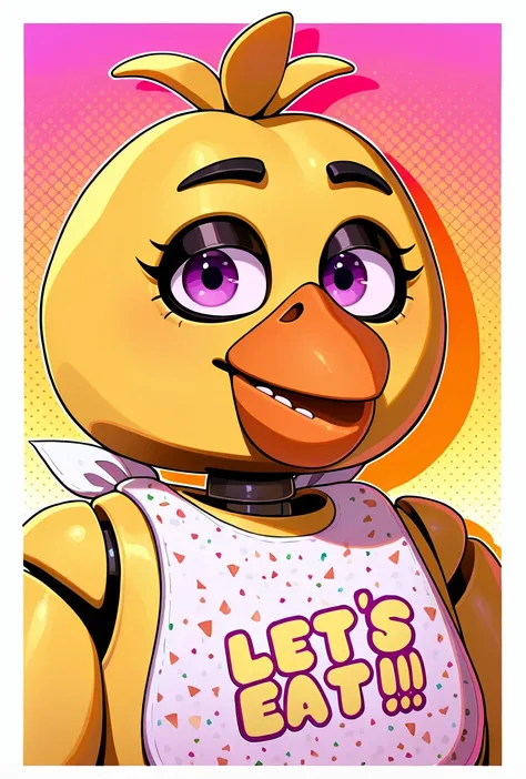 <lora:chica-10:1> chica, 1girl, beak, bib, purple eyes, joints, animatronic,, masterpiece, best quality, amazing quality, very aesthetic, absurdres, newest,, upper body, halftone effect, white borders, abstract background:1.2,