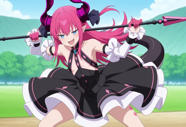 anime screencap, anime coloring, 1girl, asymmetrical horns, blue eyes, long hair, pink hair, pointy ears, pink claws, dragon tail, corset, strap, clothing cutout, black skirt, frills, detached sleeves, thigh markings, smug, outdoors, fighting stance, open mouth, holding spear<lora:Liz_illus:1>, masterpiece, best quality, amazing quality, very aesthetic, absurdres, highres, newest