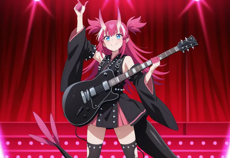 anime screencap, anime coloring, 1girl, solo,  oni, oni horns, blue eyes, long hair, pink hair, pointy ears, dragon tail, two side up, streaked hair, japanese clothes, black clothes, spikes, detached sleeves, long sleeves, wide sleeves, pink claws, torn thighhighs, black thighhighs, stage, stage lights, glowing stick, pointing up, holding electric guitar, microphone, smile, sweat <lora:Liz_illus:1>, masterpiece, best quality, amazing quality, very aesthetic, absurdres, highres, newest